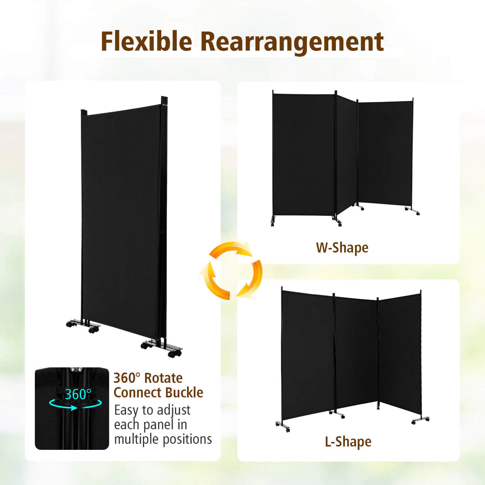 SUGIFT Black 3-Panel Folding Room Divider Privacy Screen with Lockable Wheels and 32-in by 65-in Panels