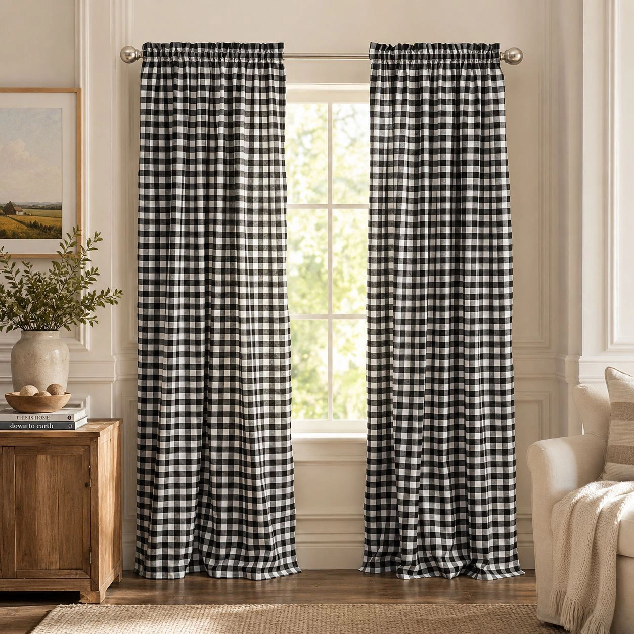 Kate Aurora Country Farmhouse Buffalo Check Plaid Gingham Single Window Curtain