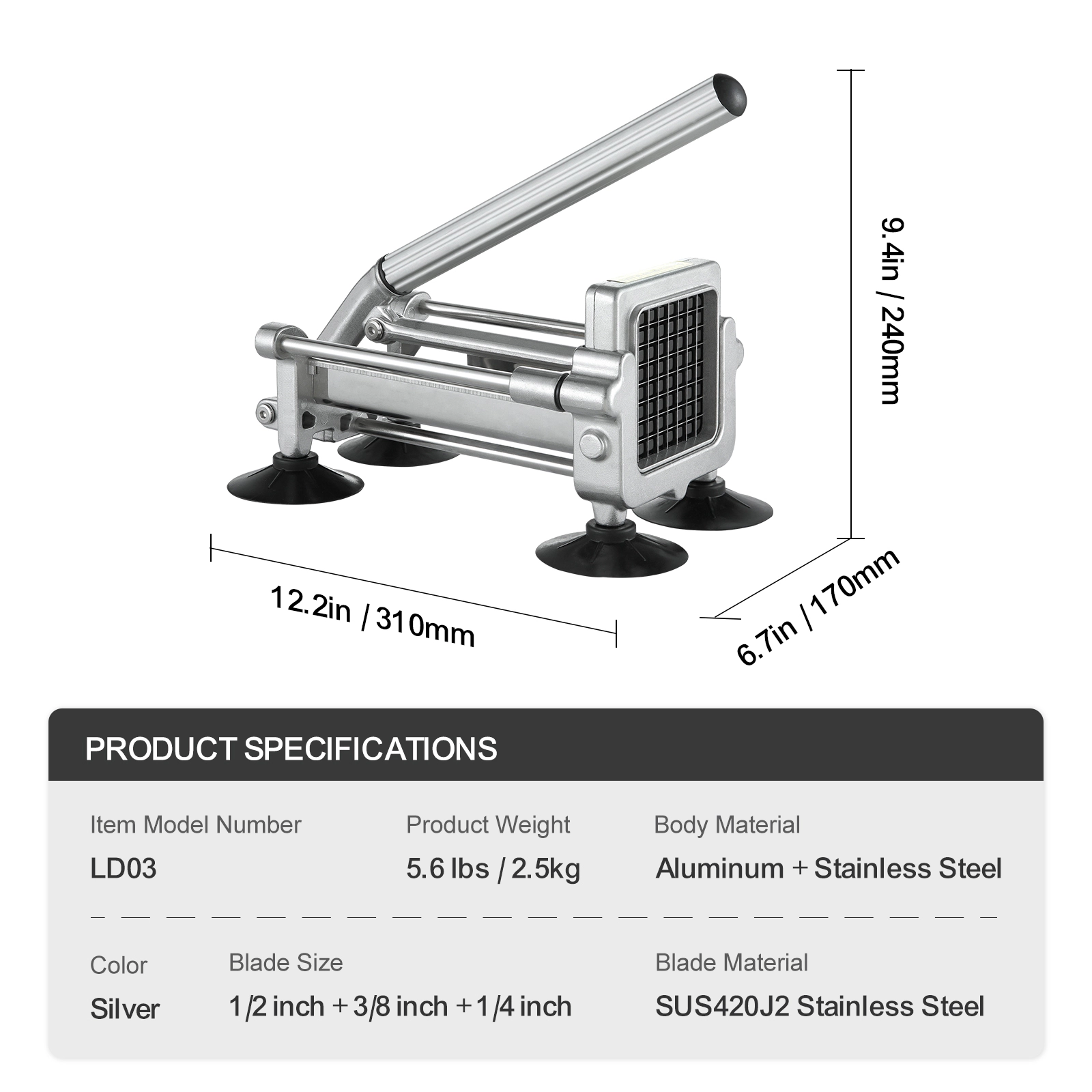 HONGGE French Fry Cutter, Potato Slicer with Stainless Steel Blades, Manual Potato Cutter Chopper with Suction Cups