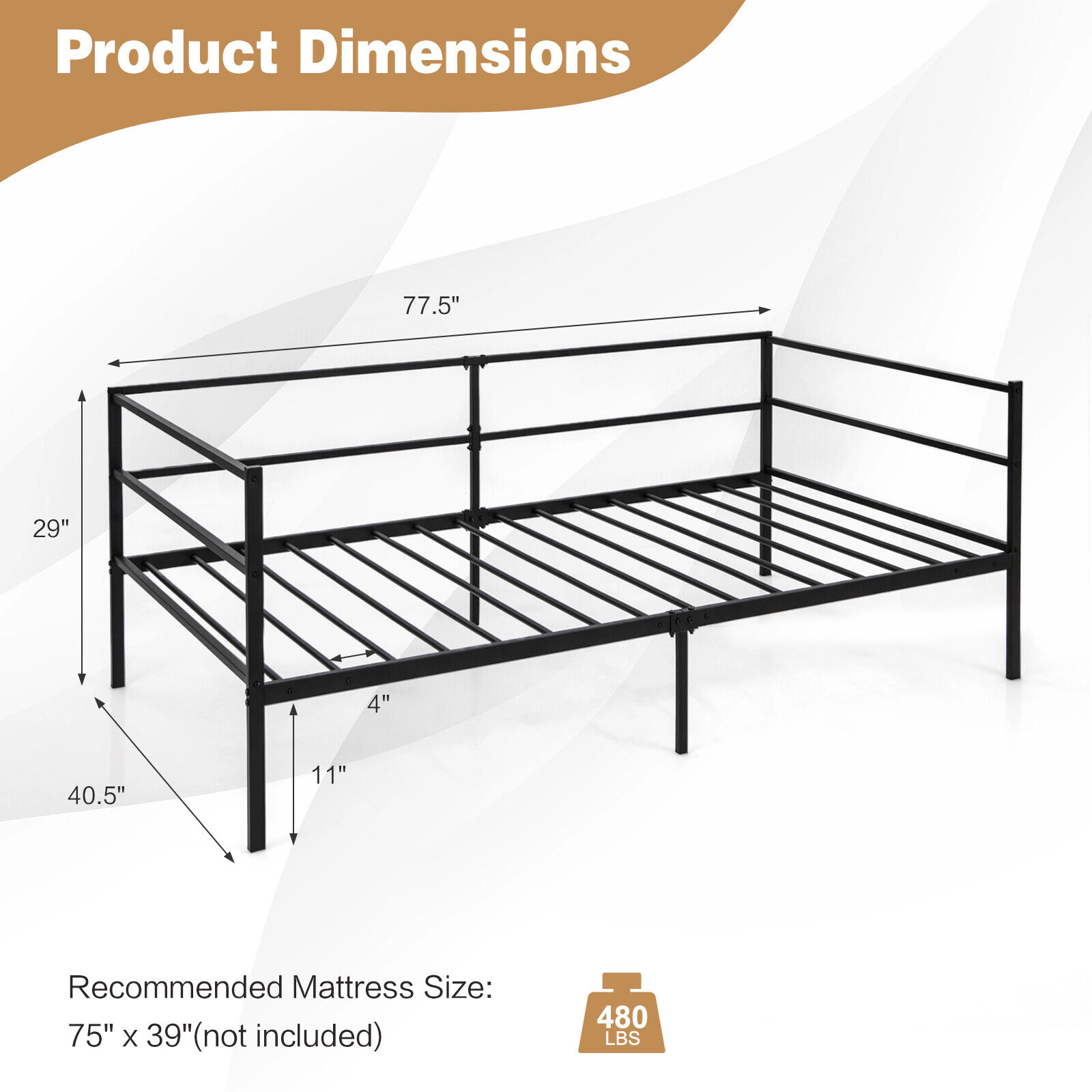 SUGIFT Twin Metal Daybed Frame with Steel Slats, Black