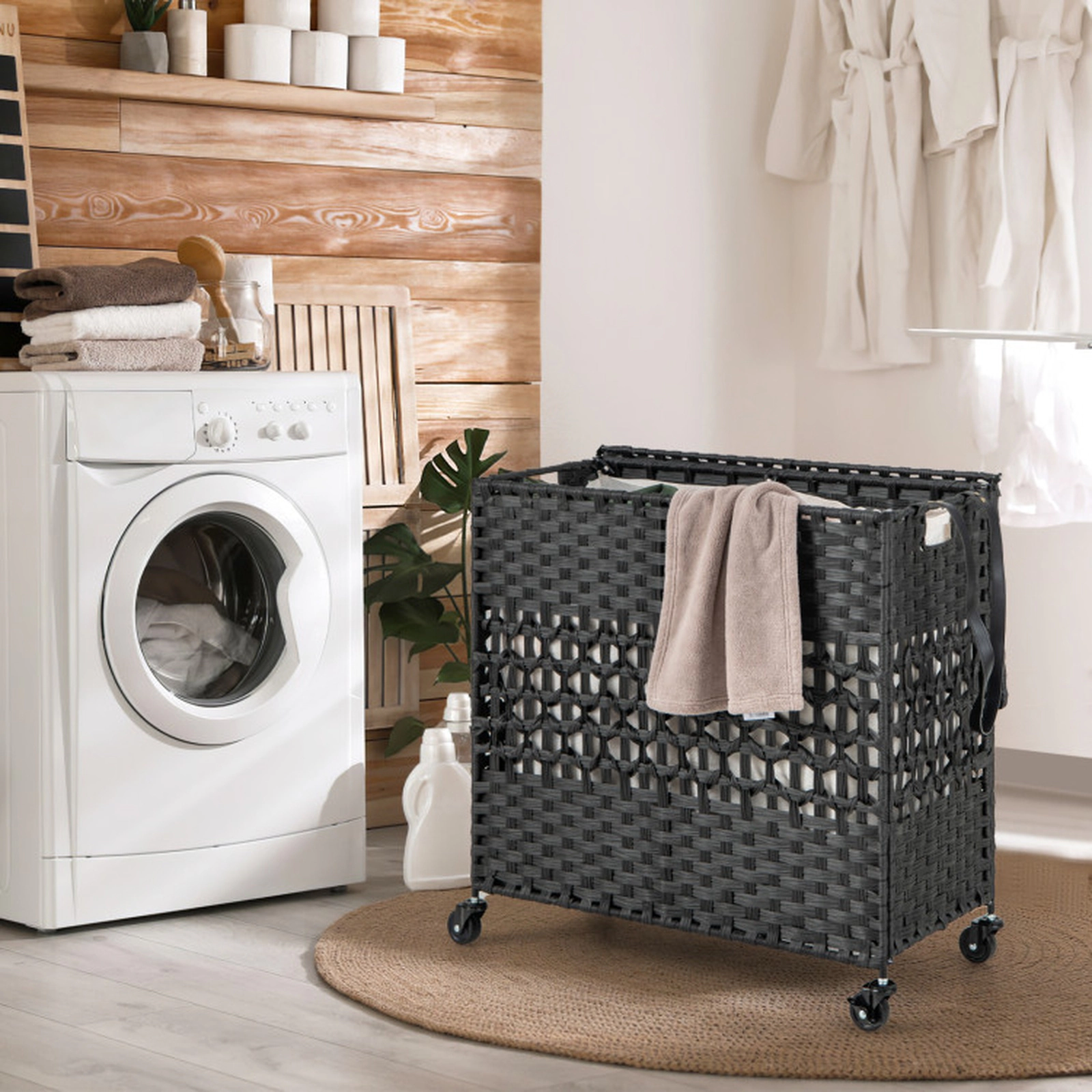 SUGIFT Black 110L 2-Section Rolling Laundry Sorter Hamper with Lockable Wheels and Washable Liners