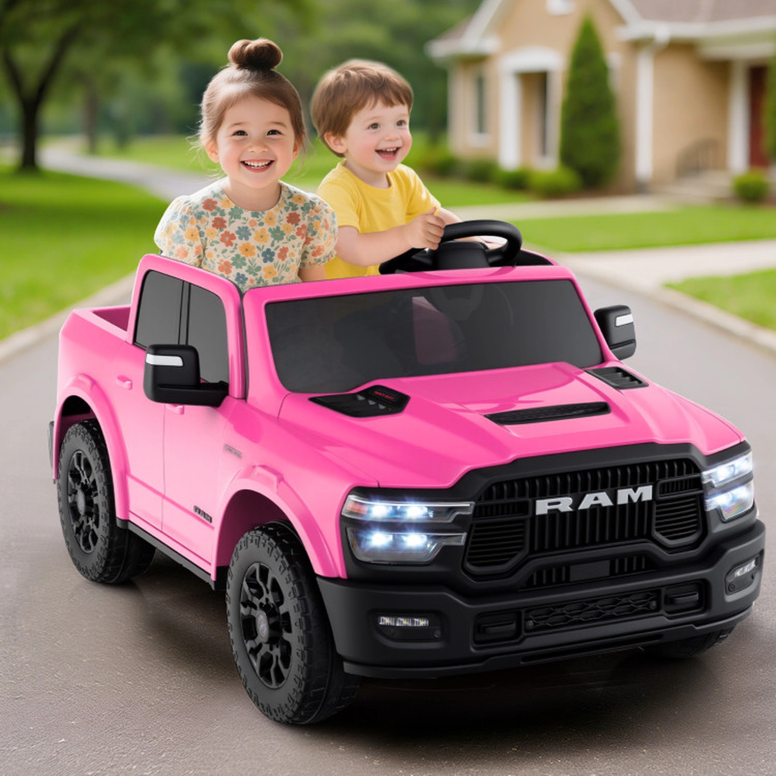 SUGIFT Pink Remote Control and Music 24V 2-Seater Licensed Ram Big Kids Ride On Truck