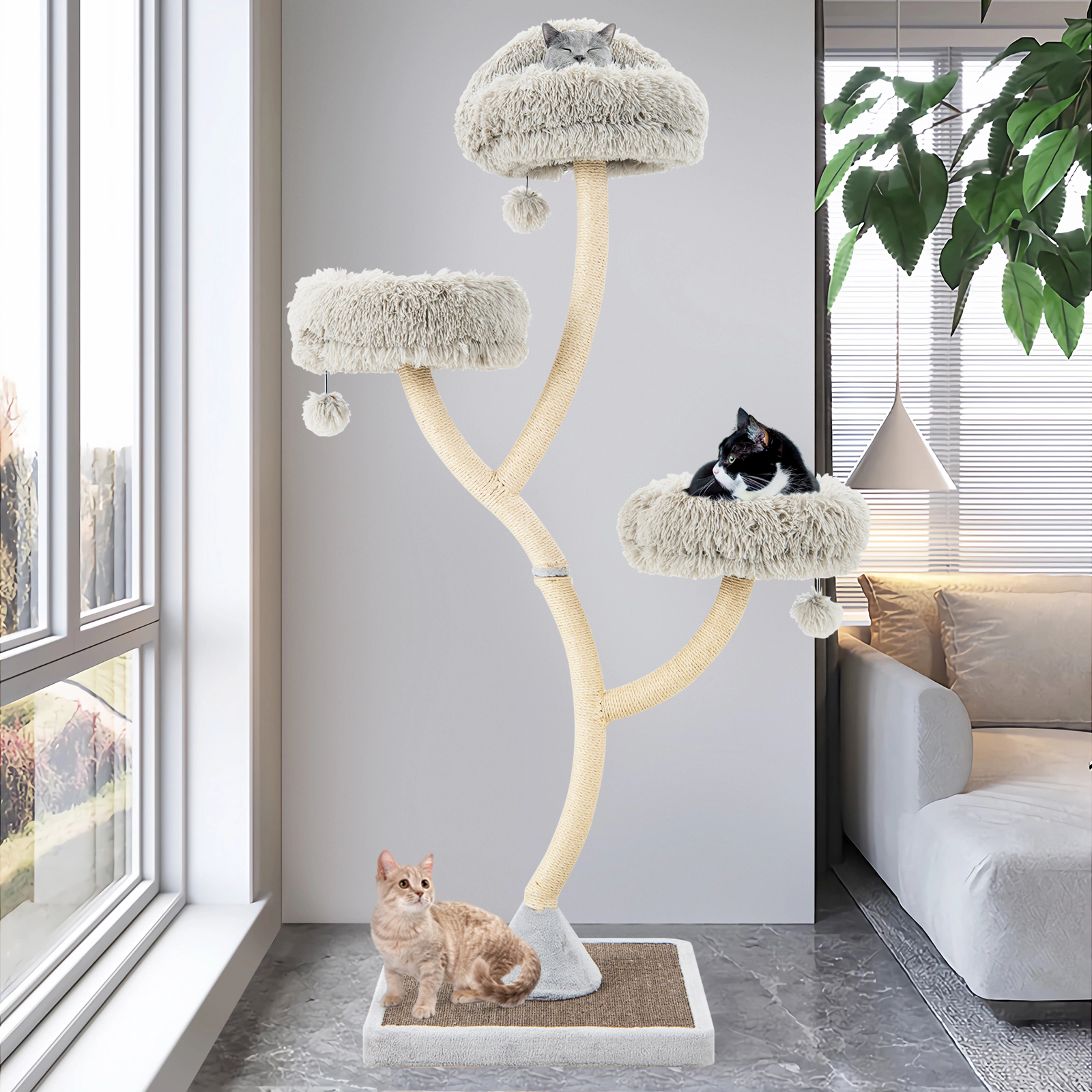 SUGIFT 70-in Decorative Cat Tree Tower with 3 Cushioned 16-in Perches Sisal Posts and 48.5-lb Base