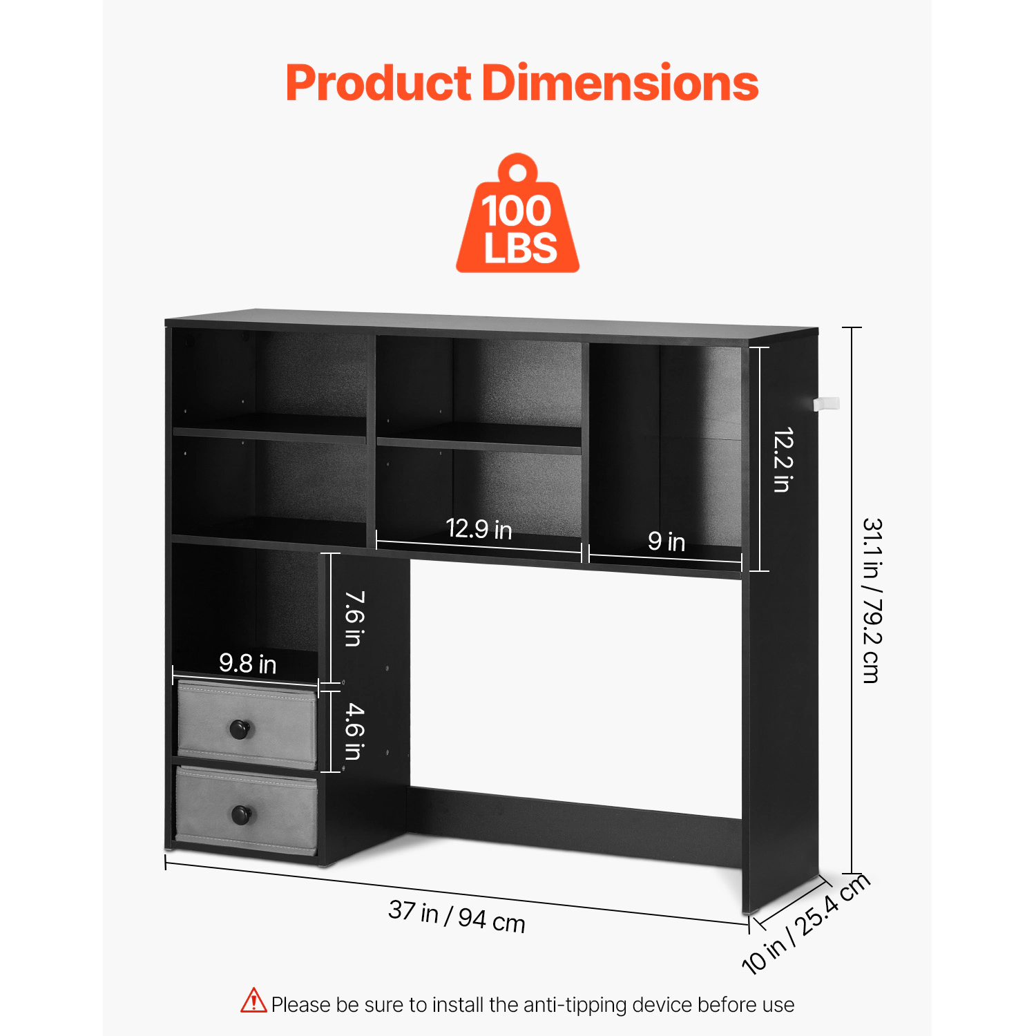 HONGGE Desktop Bookshelf 3-Tier Storage Organizer 37" x 10" 31.1" Office Rack Wood Display Shelf