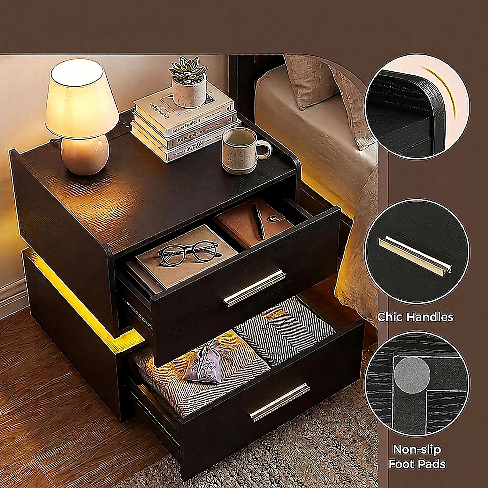 SUGIFT 19 in Black LED Nightstand with Charging Station, 2 Drawers and Raised Edges
