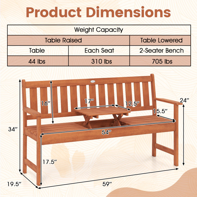 Hivvago Outdoor Wood Garden Bench With Pull-Out Center Table