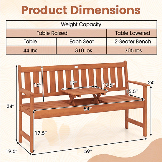 Hivvago Outdoor Wood Garden Bench With Pull-Out Center Table