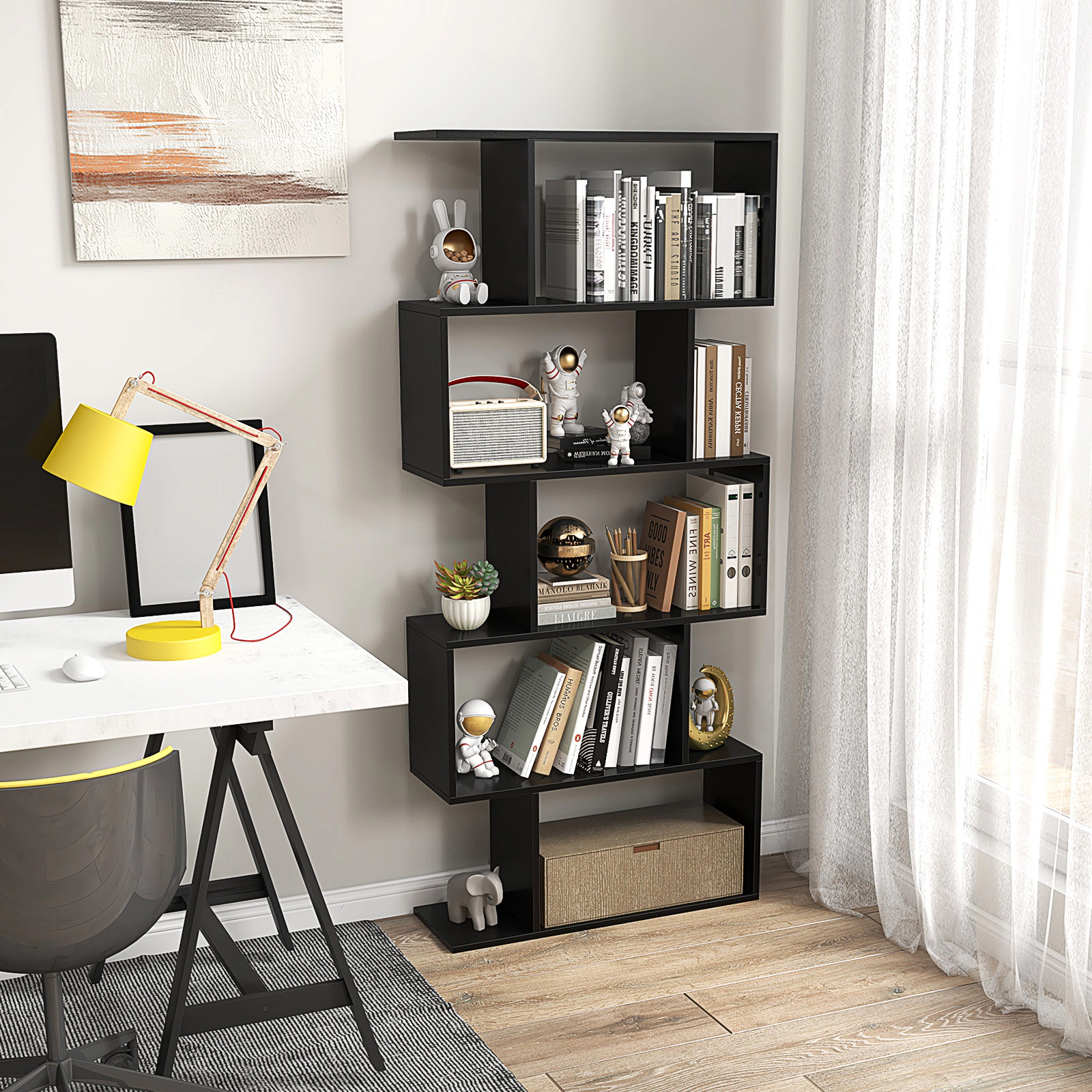 SUGIFT 5-Tier Black 62.5-in S-Shaped Geometric Bookshelf Room Divider with Anti-Toppling Device and 45-lb Shelves