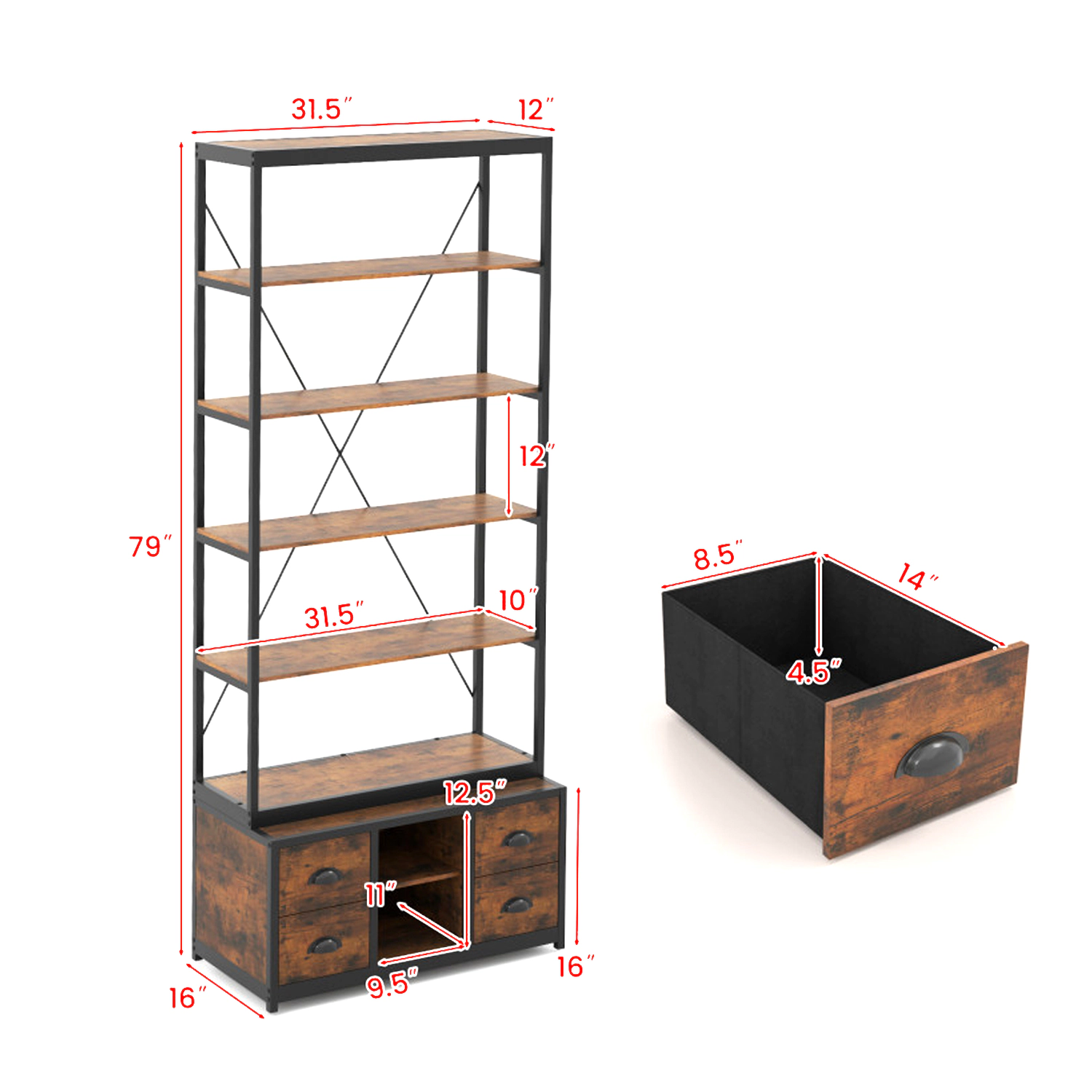 Hivvago Multi-Tier Bookcase with Fabric Drawers and Reinforced Metal Frame