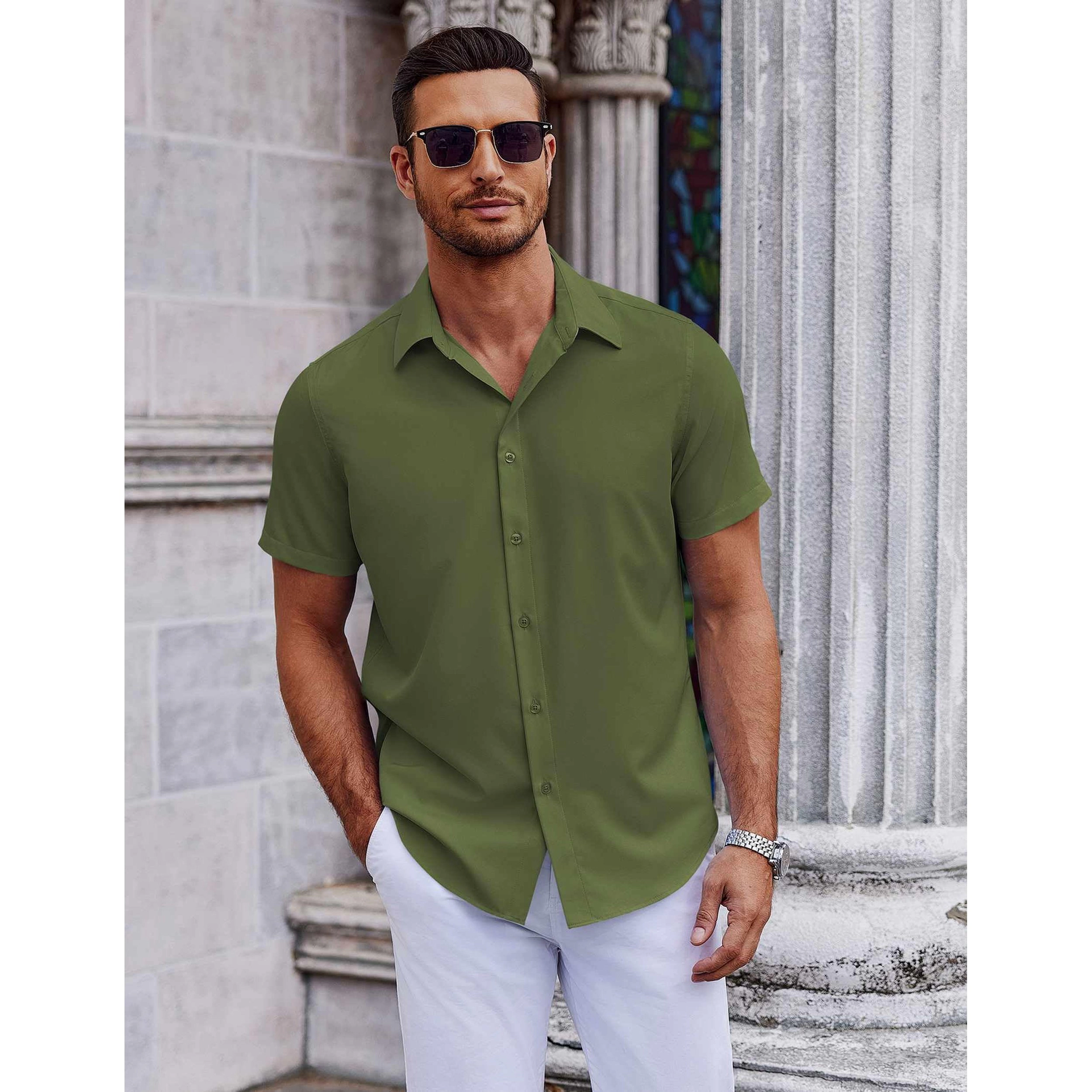 COOFANDY Mens Short Sleeve Button Down Shirt  Lapel Collar Casual Dressy Tops