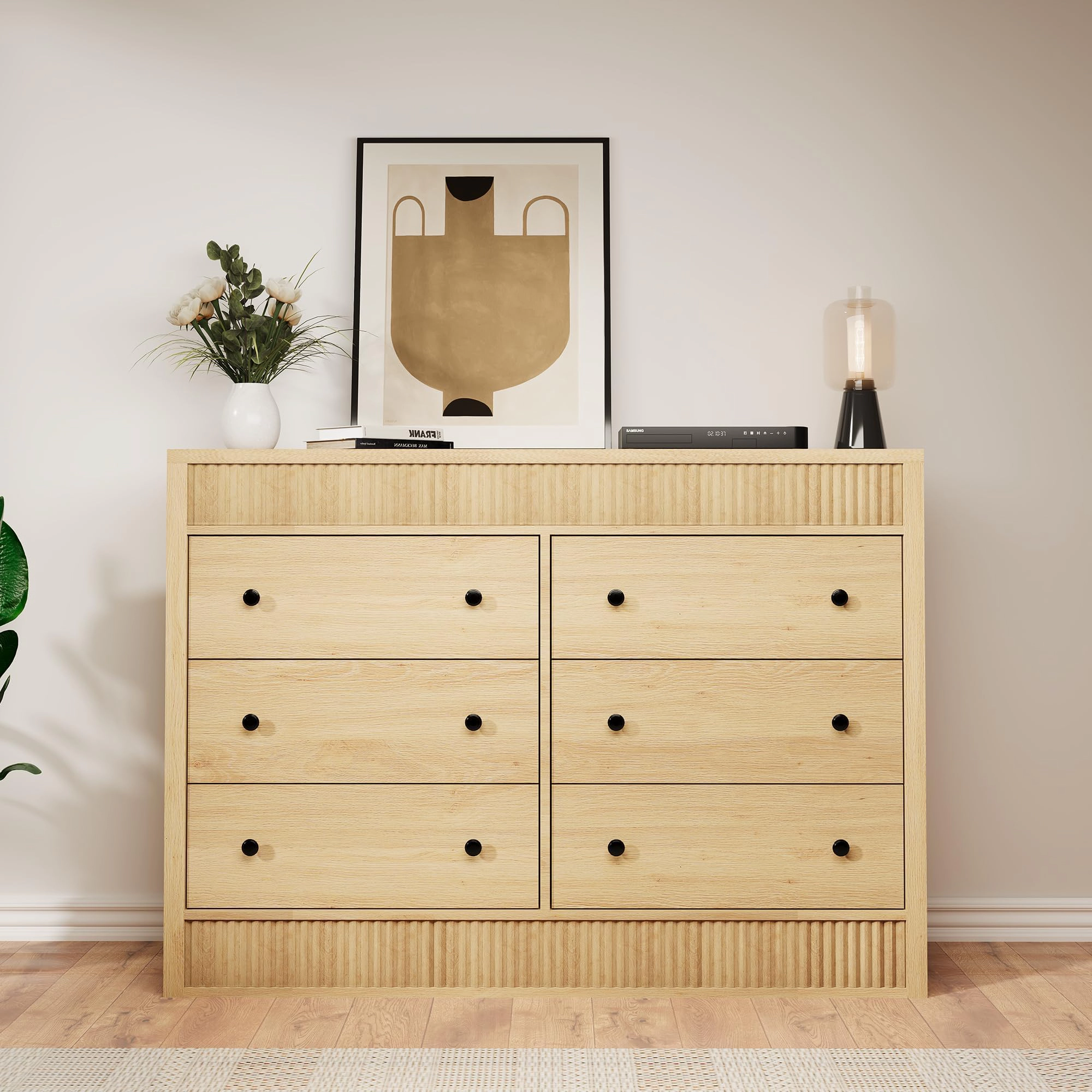 Fluted 6 Drawer Wooden Dresser, 47" Wide Modern Storage Chest for Bedroom or Living Room