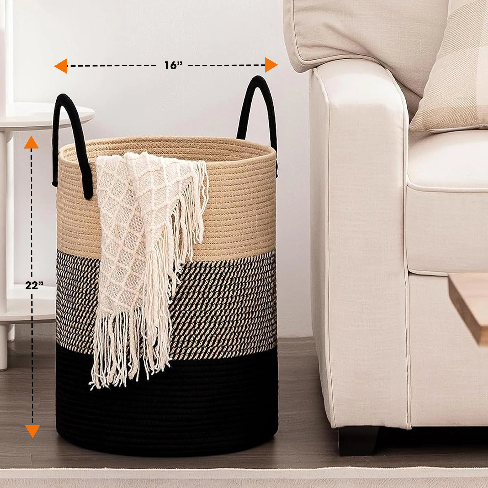 Cheer Collection Large Cotton Rope Laundry Hamper with Handles, 16 x 16 x 22 Inch