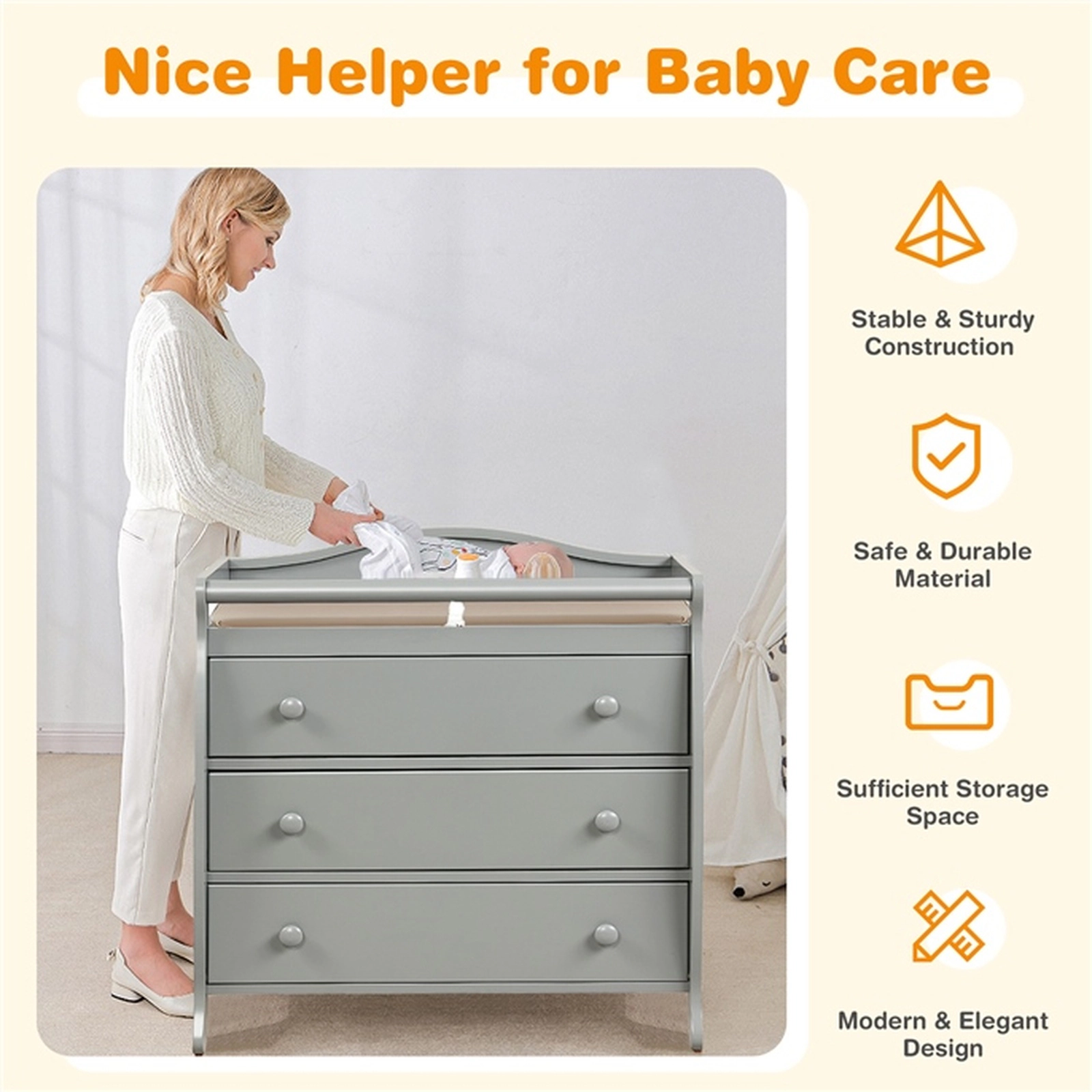 SUGIFT Baby Changing Table with 3 Drawers Safety Belt and Solid Wood Legs