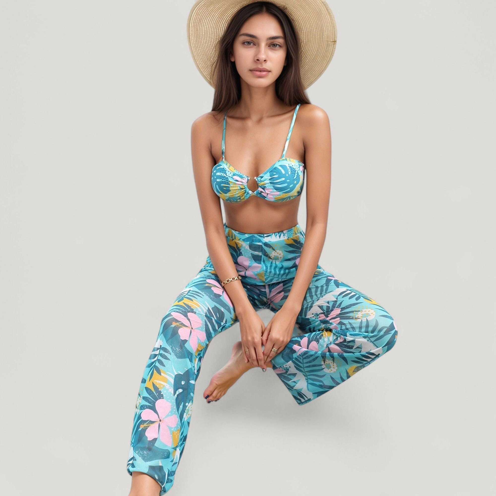 Anna-Kaci Women Tropical Leaf 3-Piece Swimsuit Set - Padded Bikini Top, High-Waist Bottoms, Sheer Wide-Leg Pants