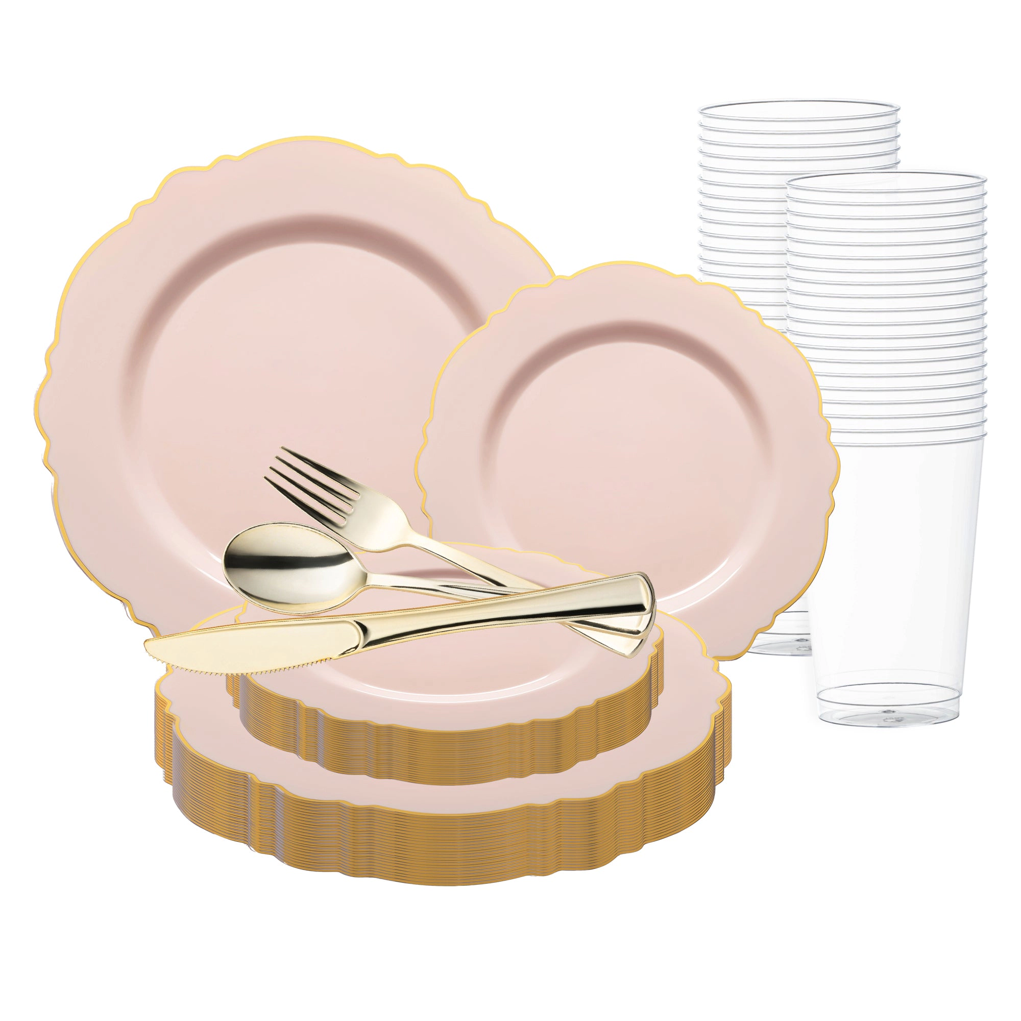 Smarty Had A Party with Gold Rim Round Blossom Disposable Plastic Wedding Value Set