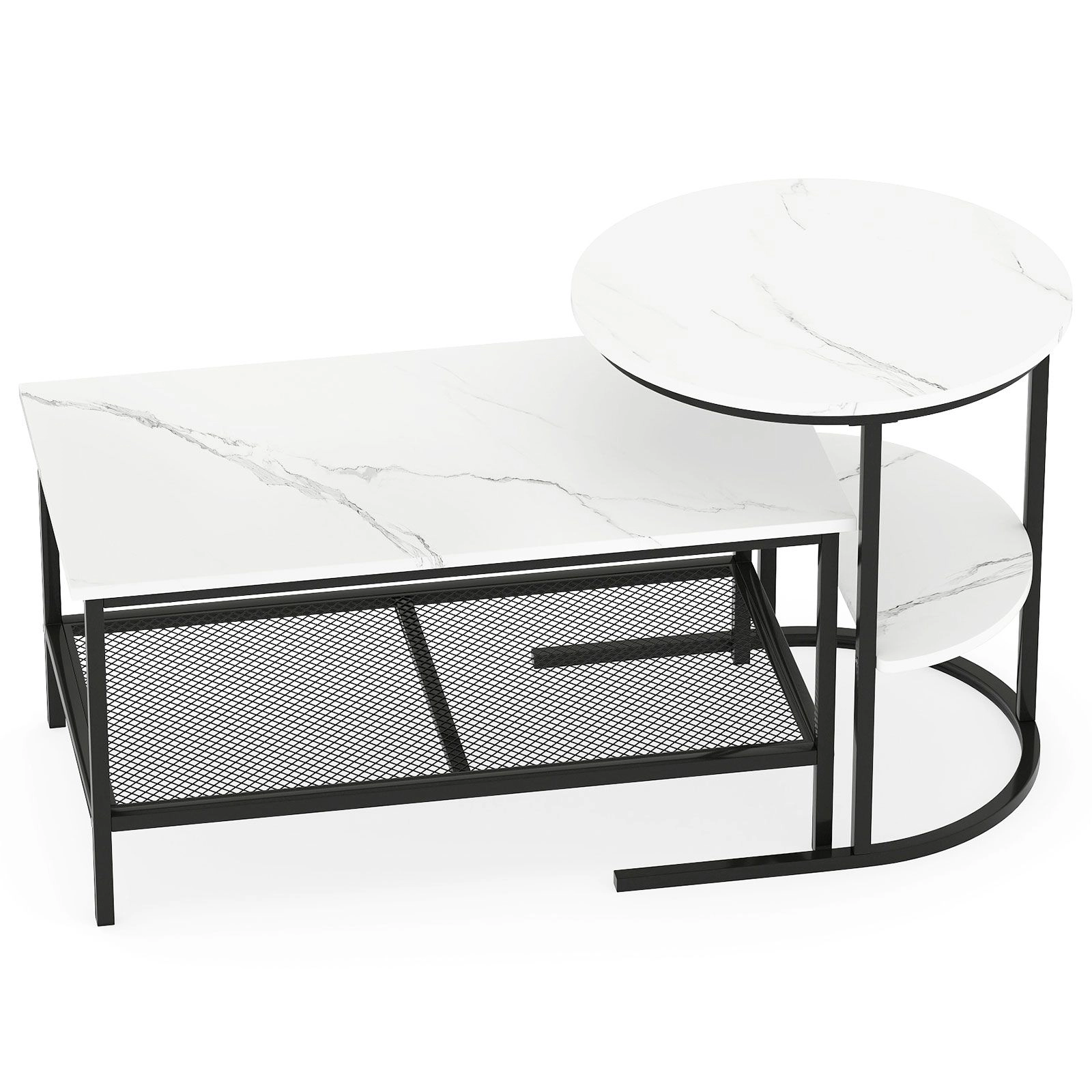 SlickBlue Faux Marble Coffee Table Set of 2  with Metal Frame Storage