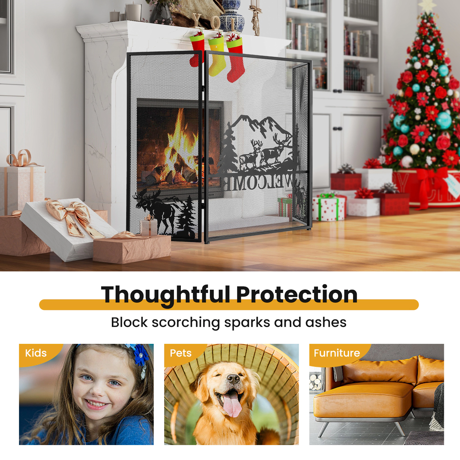 SUGIFT 52-in x 31-in 3-Panel Folding Mesh Metal Freestanding Fireplace Screen Deer Scene Spark Guard Black