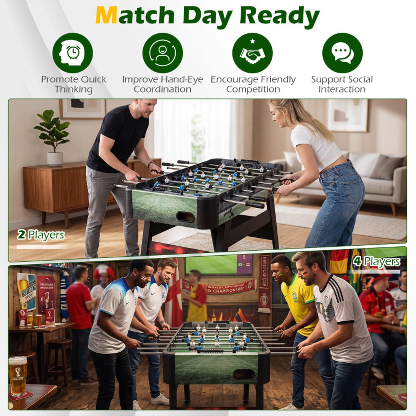 SUGIFT 54-in Full Size Foosball Table with Ergonomic Handles Thickened Legs Adjustable Levelers and 2 Balls
