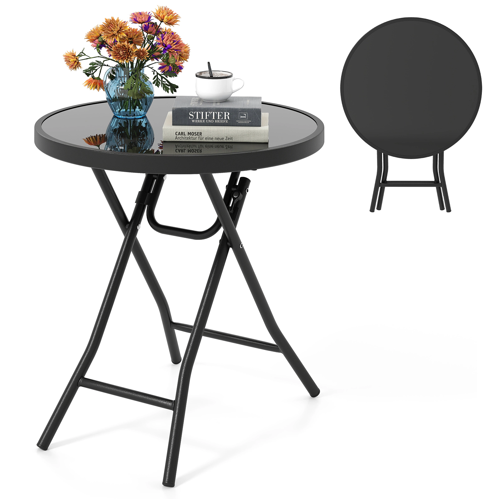 LJG 18 Inch Folding Side Table Patio Round Compact Coffee Table