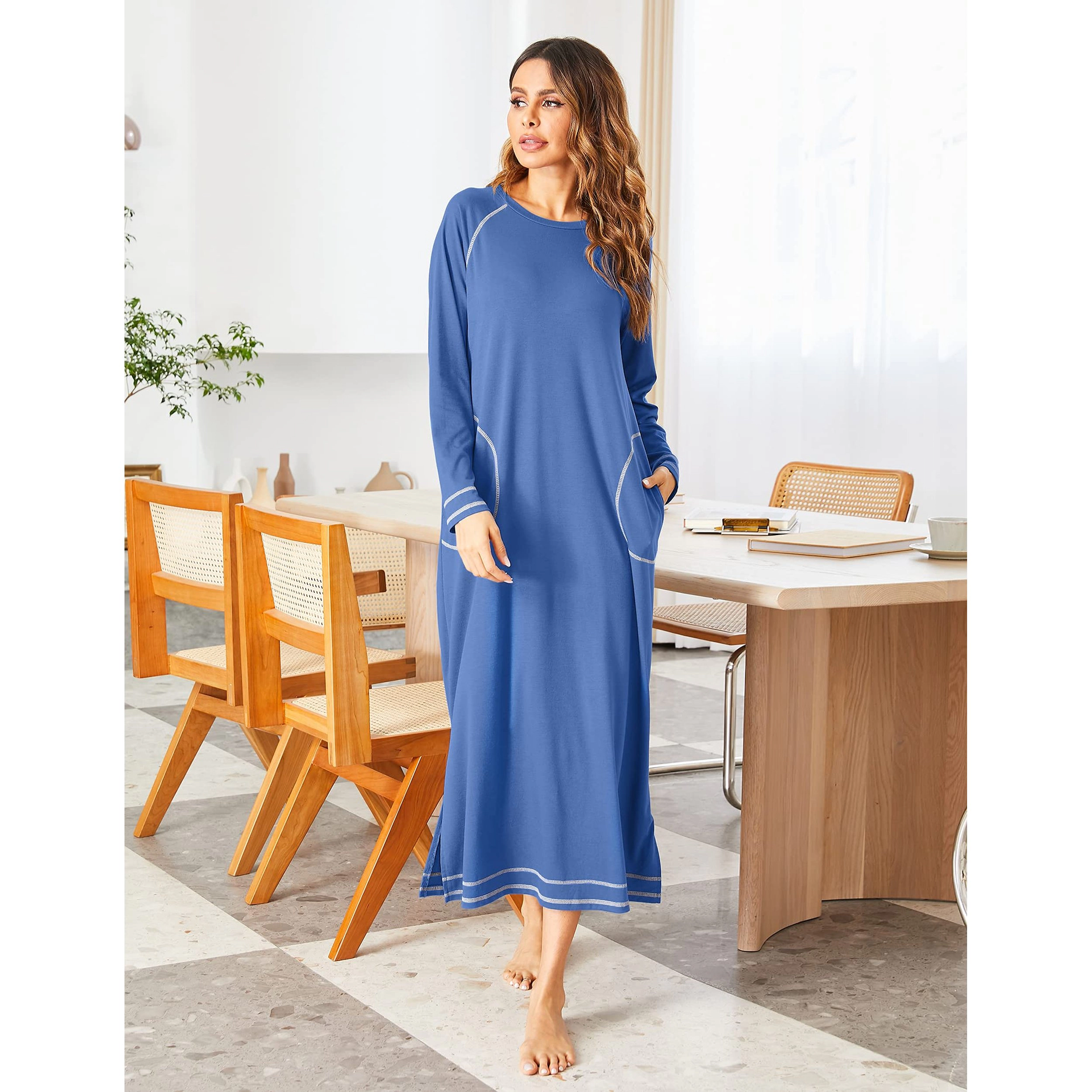 Ekouaer Women's Nightshirt Long Sleeve Nightgown Round Neck Sleepwear Full Length Pajama Dress