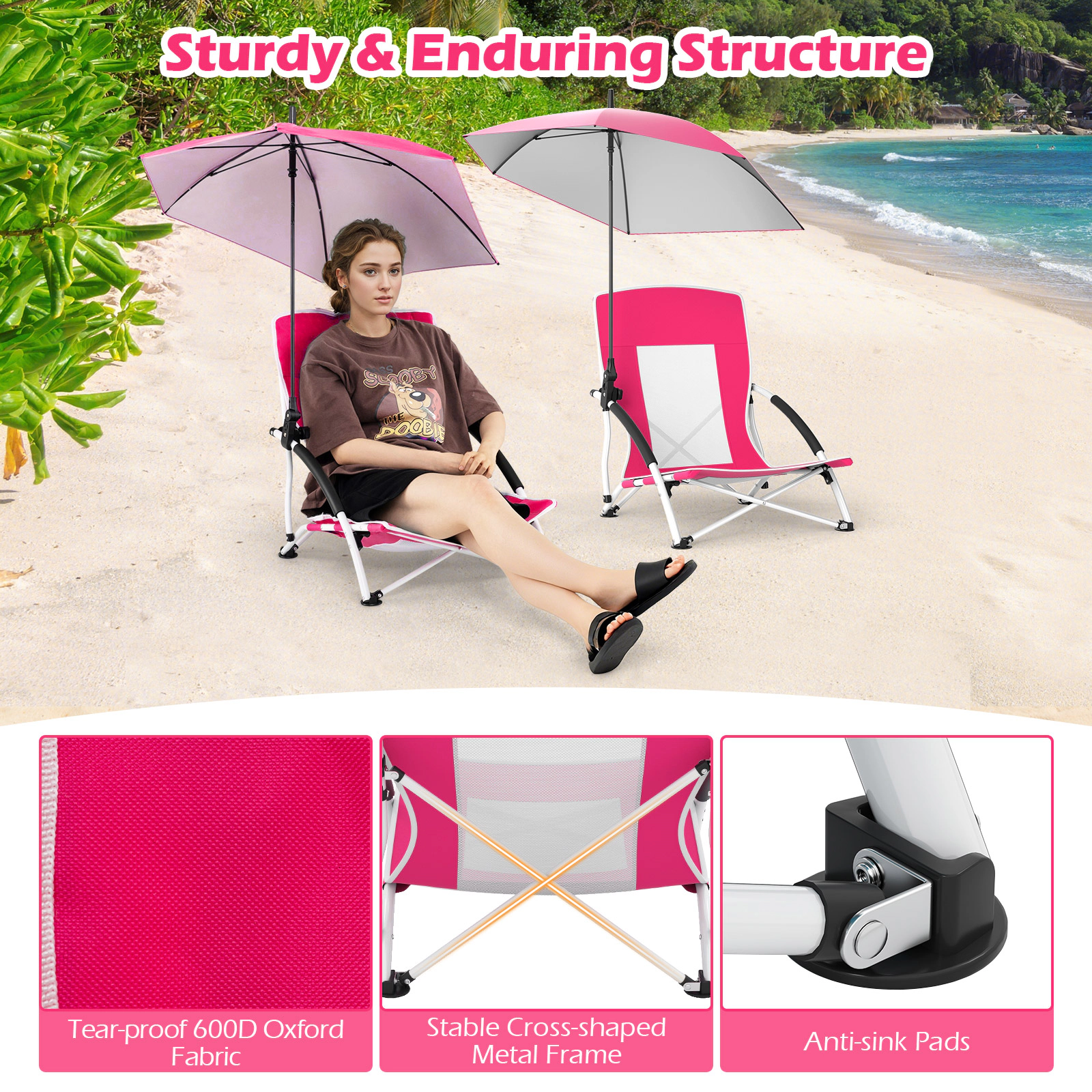 SUGIFT Set of 2 Low-Profile Beach Chairs with Detachable UPF 50 Umbrellas