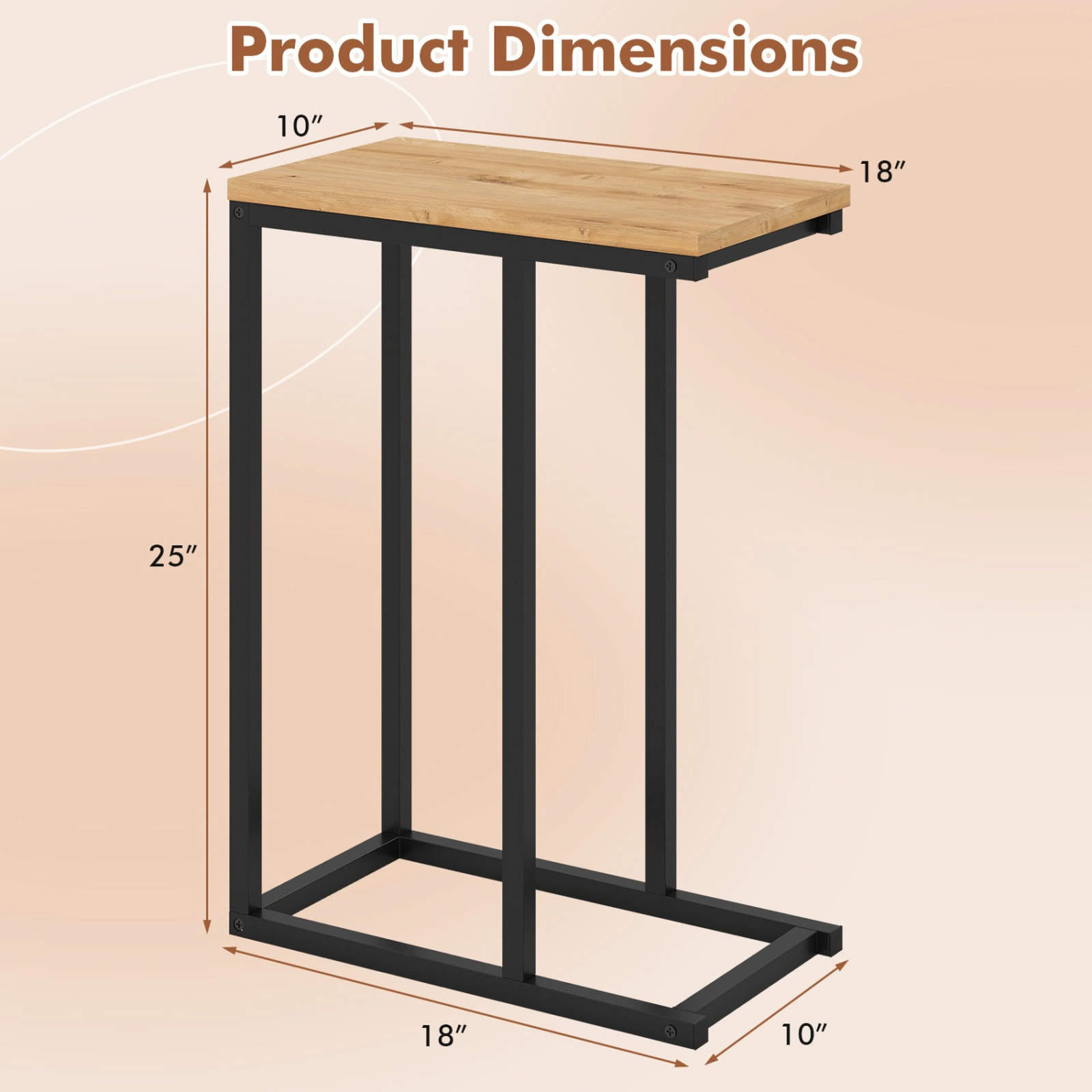 SUGIFT 18-In C-Shaped End Table, Natural Wood Top, Metal Base