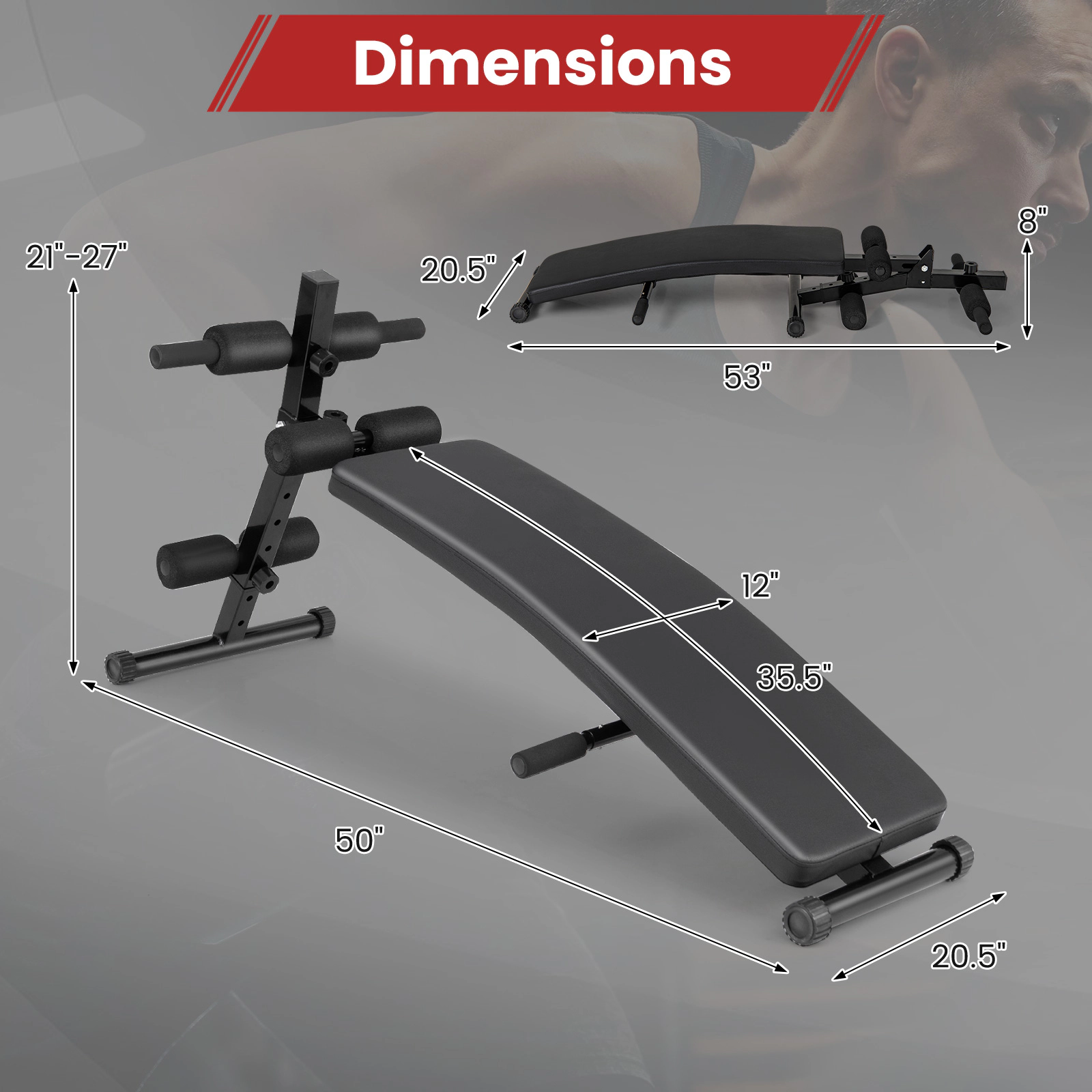 SUGIFT Adjustable Decline Sit Up Bench Push-Up Bar 5 Positions 21-27-in 300-lb Capacity 35.5 x 12-in Cushion Black