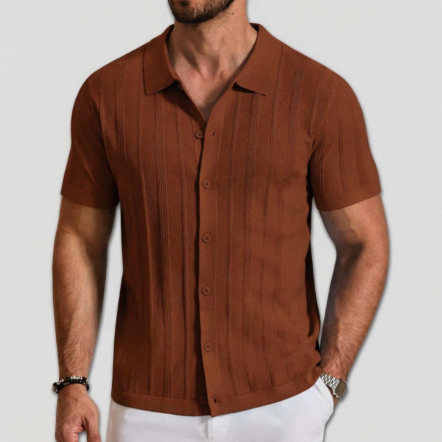 COOFANDY Mens  Short Sleeve Shirt Lapel Collar Button Down Textured Casual Top