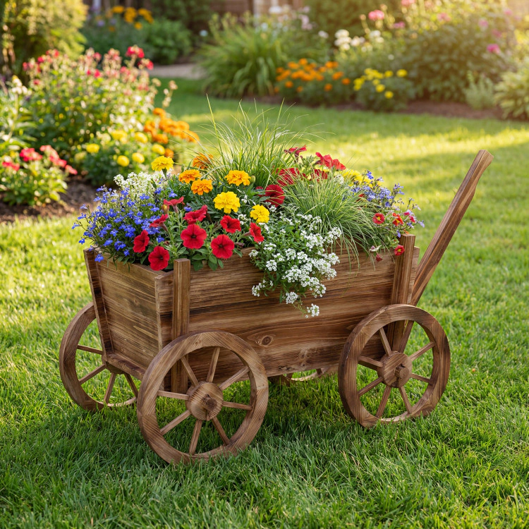 Hivvago Rustic Rolling Flower Pot Stand with Wheels and Handle