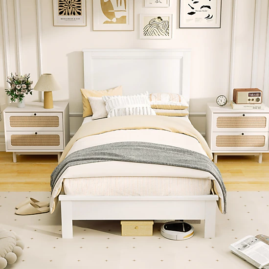 LJG Twin Size Wooden Bed Frame with Headboard and Slat Support