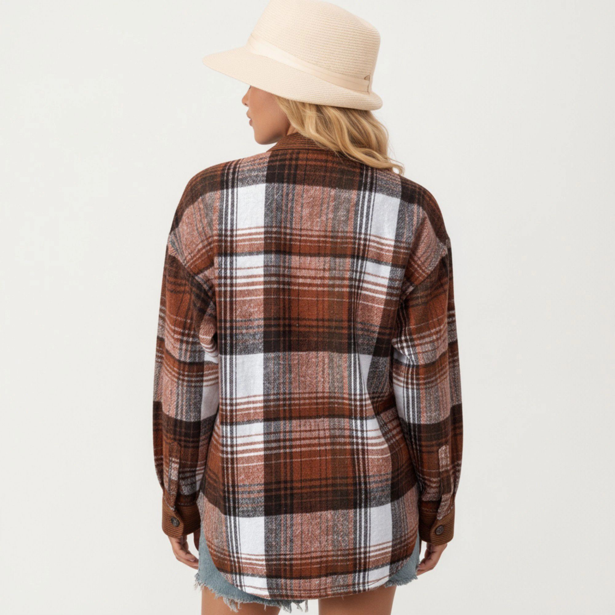 Anna-Kaci Women's Plaid Button Front Shirt Jacket with Soft Corduroy Contrast Long Sleeves Chest Pocket Detail