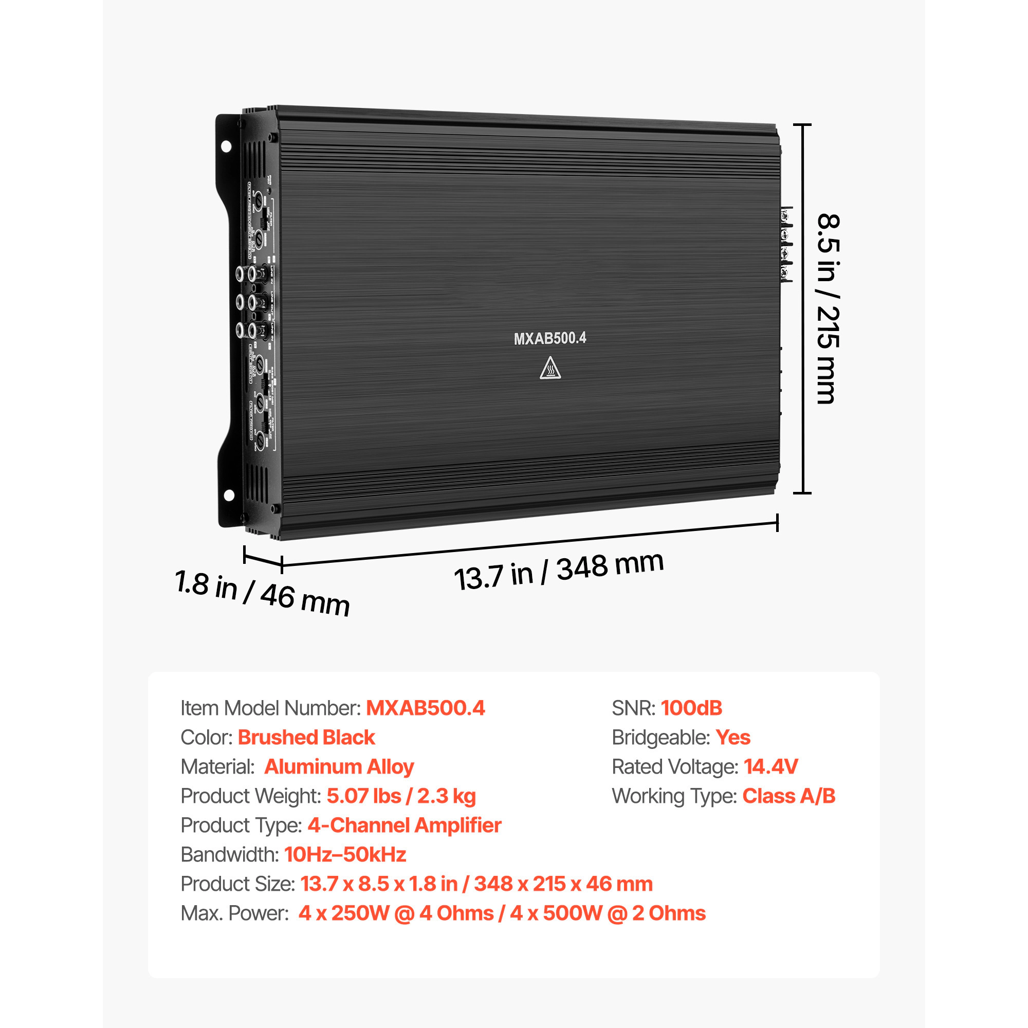 HONGGE 4 Channel Car Audio Amplifier 2 Ohm Stable Bridgeable Class Full Range Amp Max Power @ / for