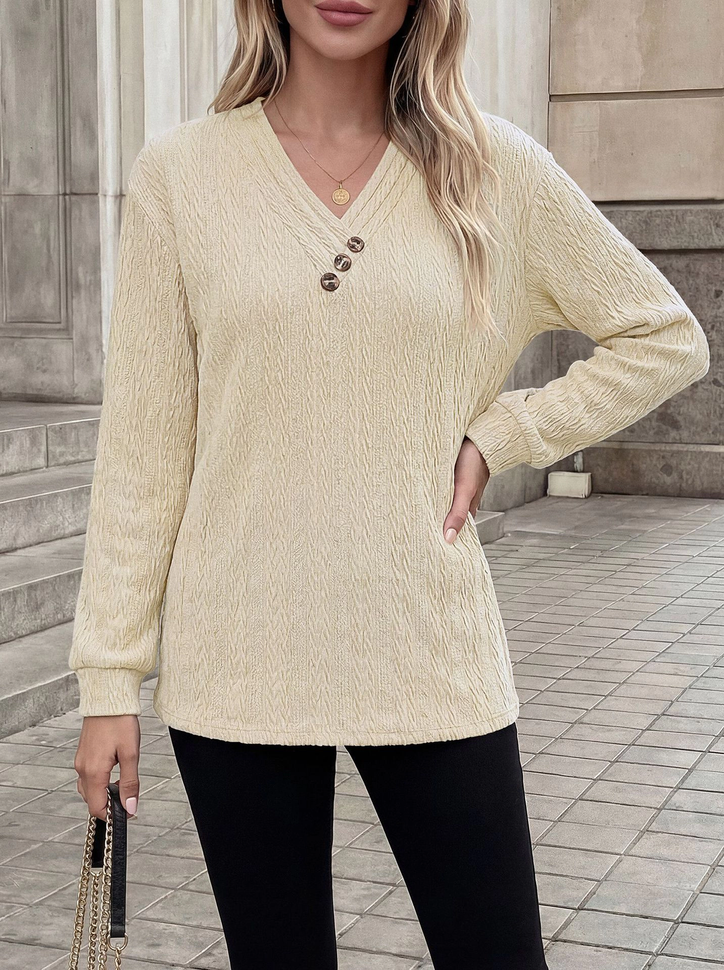 Enchanted Funland Women's Diagonal‑Button V‑Neck Long Sleeve Crinkle Textured Blouse