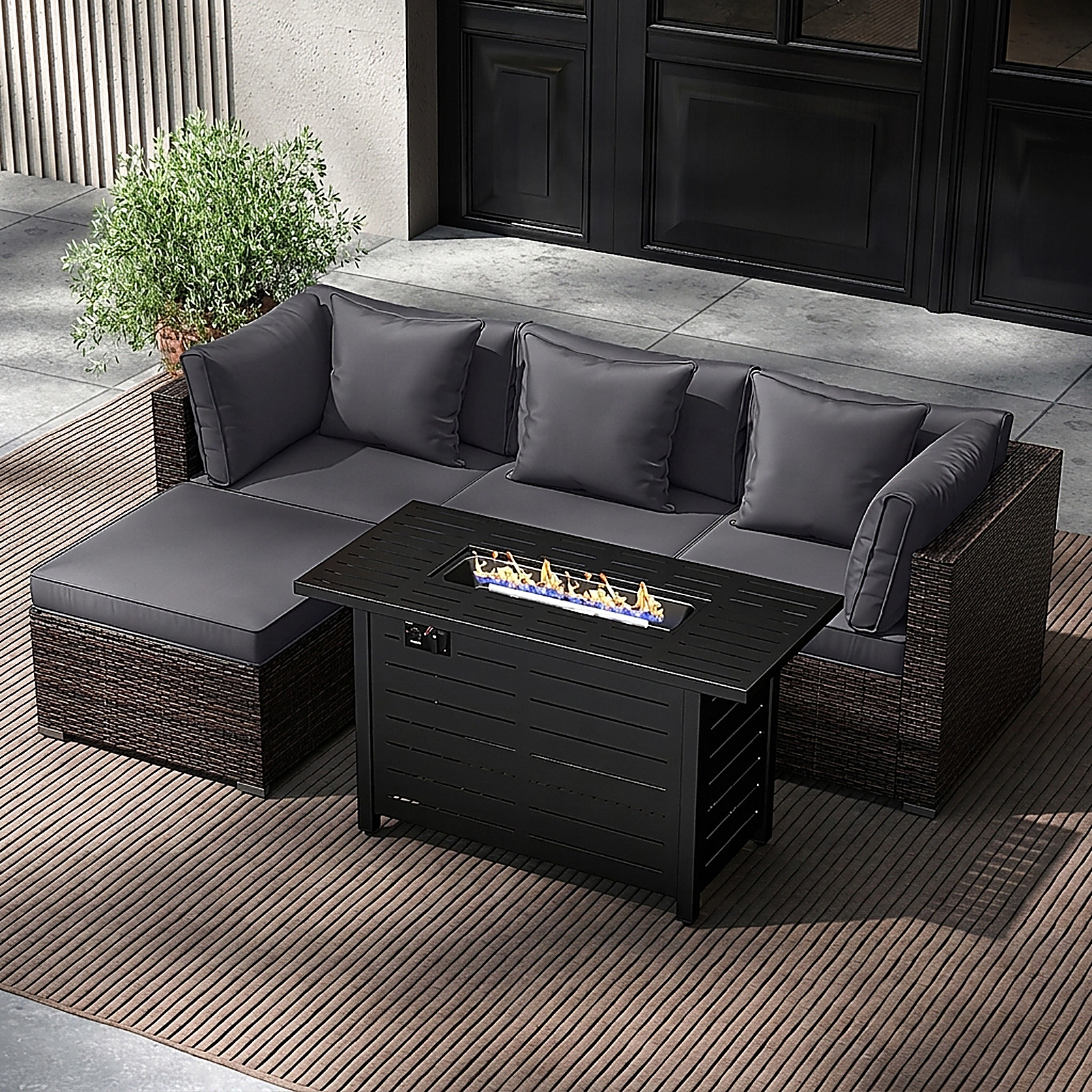 SUGIFT Heavy-duty Frame Rattan Conversation Sofa Set with 60000 BTU Firepit Table 400-lb Capacity Mix Brown Rattan Gray