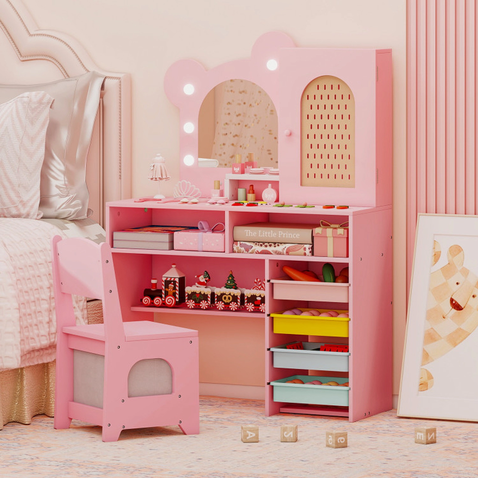 SUGIFT Kids Vanity with 3-Mode Lighted Mirror 5 Drawers and Chair 45-lb Tabletop Capacity Ages 3+ Pink/White