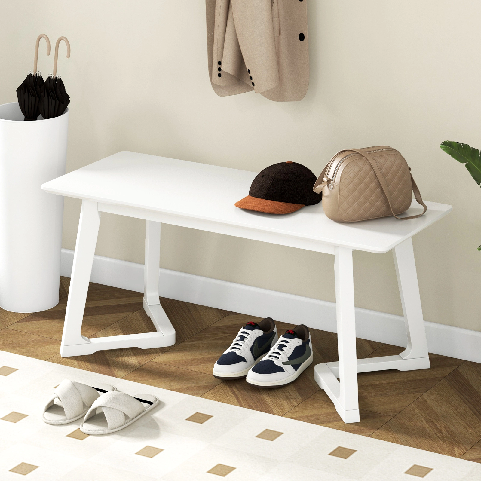 SlickBlue Unisex Modern Wooden Dining Bench, White Rubber Wood Entryway Seat