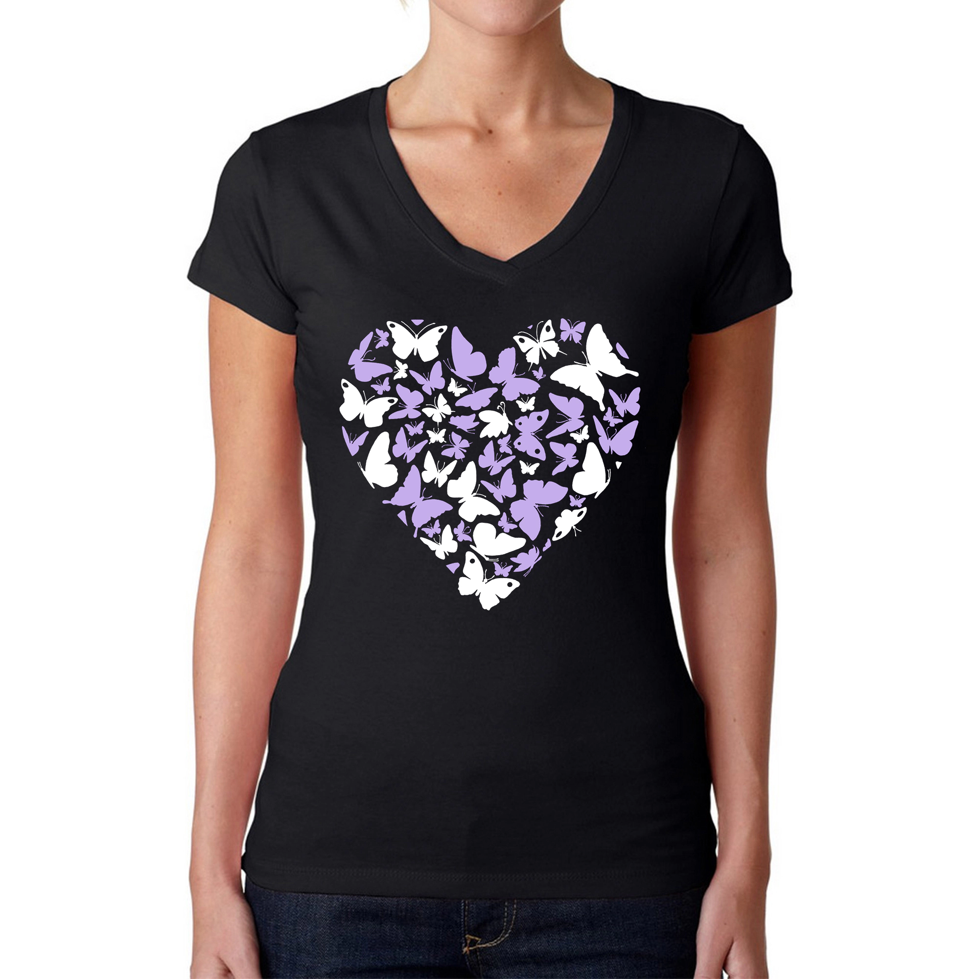 LA Pop Art Womens Word V-Neck T-Shirt - Butterfly Heart