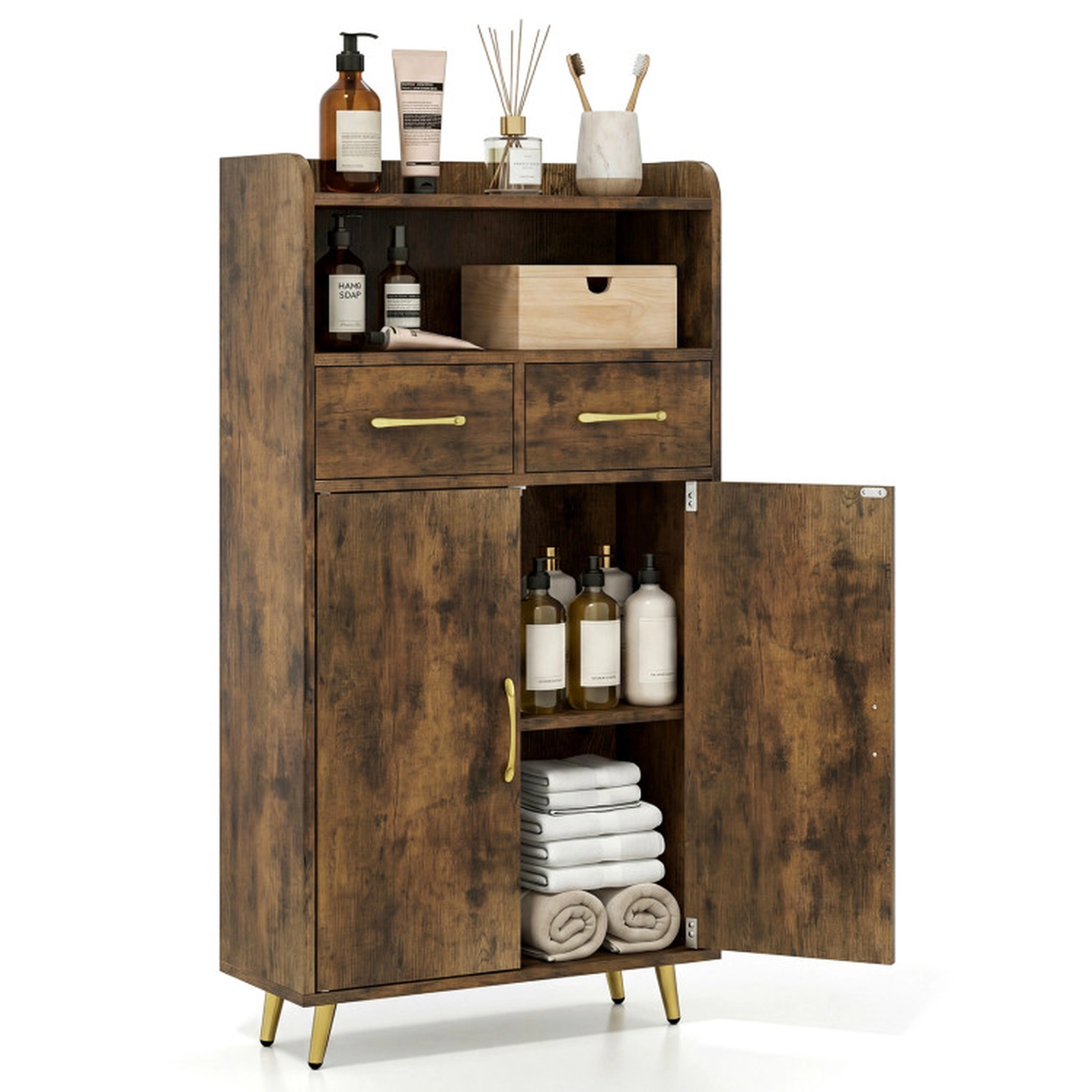 SUGIFT Freestanding Bathroom Storage Floor Cabinet with 2 Drawers and 2 Doors 44-lb Countertop Rustic Brown