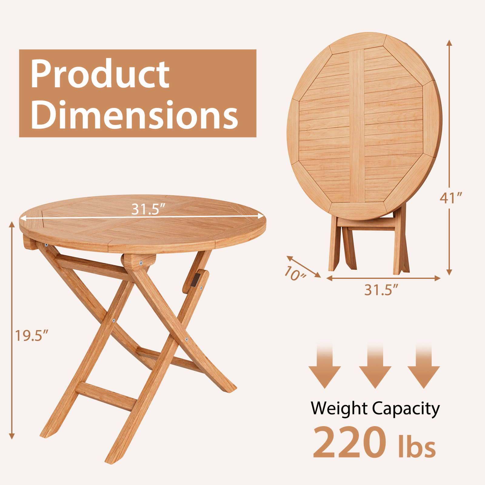 SUGIFT 31.5-in Folding Teak Wood Round Coffee Table 220-lb Capacity Natural Color Patio Accent Table 1-Piece