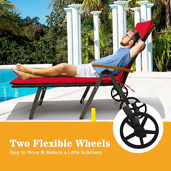 SUGIFT Removable Wheels 385-lb Outdoor Rattan Chaise Lounge Recliner 7-Position Backrest