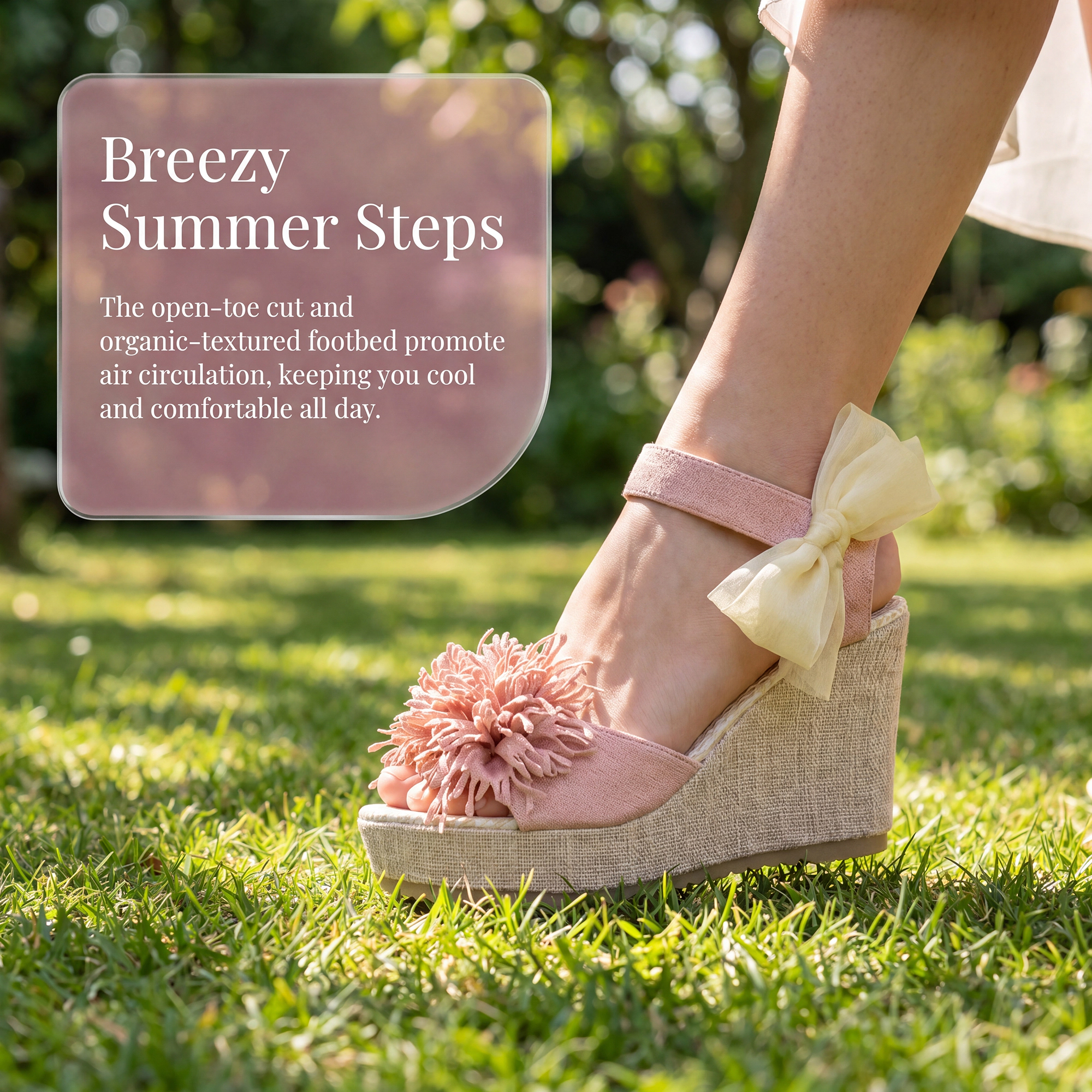 BLISSFUL STEP Women's Faux Leather Floral Bow Peep-toe Platform Wedge Sandals