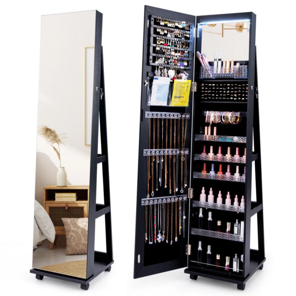 Hivvago 64 Inches Lockable Jewelry Cabinet Armoire with Built-in Makeup Mirror