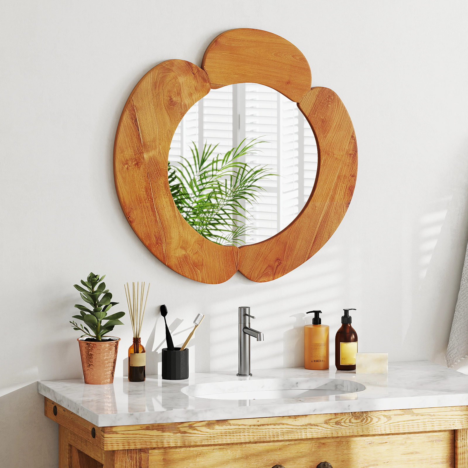 Slickblue 29 Inch Round Irregular Wall Mirror with Teak Wood Frame for Living Room and Bathroom