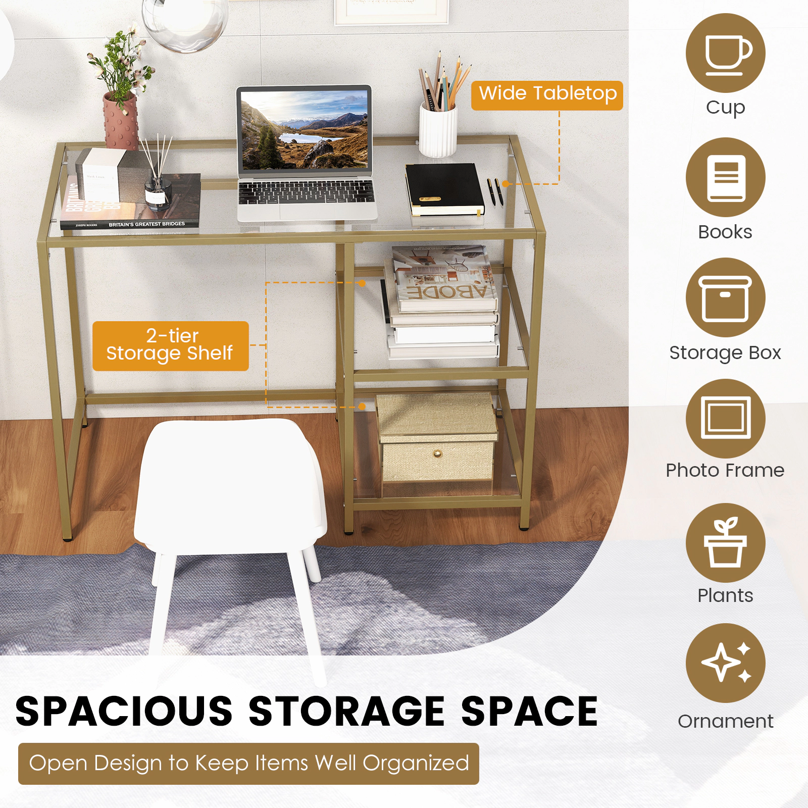 SUGIFT Tempered Glass Metal Frame 2 Open Shelves Adjustable Feet Console Table In Golden