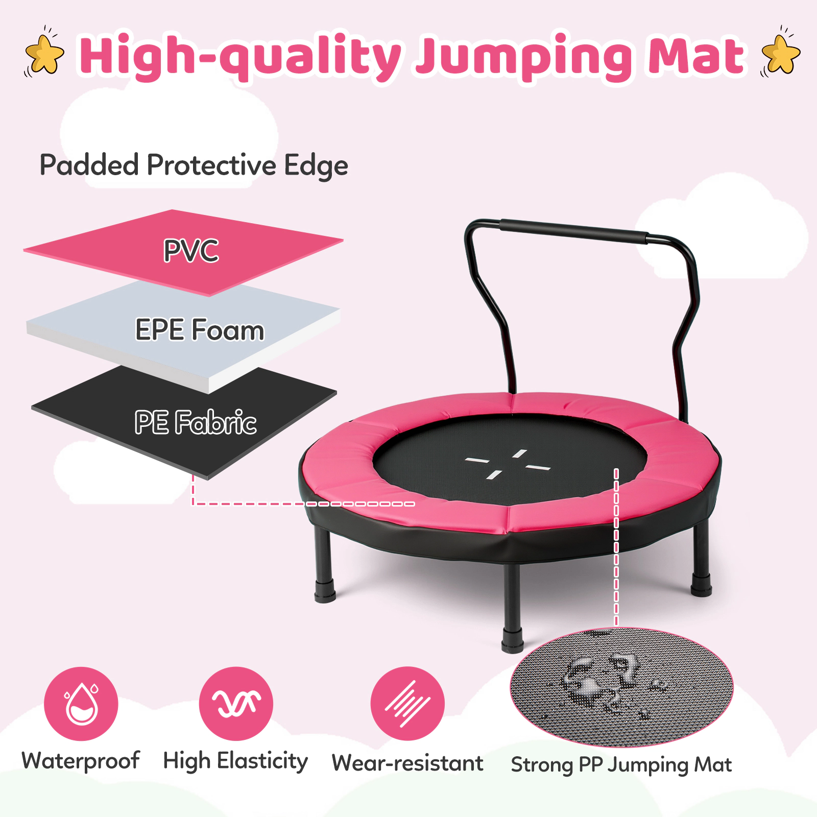 40-in Small Trampoline Kids Removable Foam Handlebar Ages 3-6 Indoor Outdoor Fitness Rebounder Pink Kids Trampoline