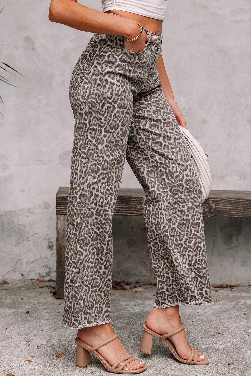 Threaded Pear Women's Brianna Leopard Frayed Edge Wide Leg High Waist Jeans