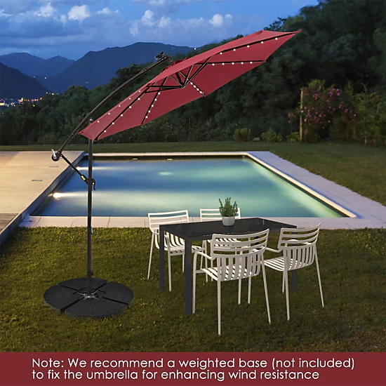 SUGIFT 10-ft Beige Solar Offset Cantilever Patio Umbrella with 40 LED Lights Crank Lift and Cross Base