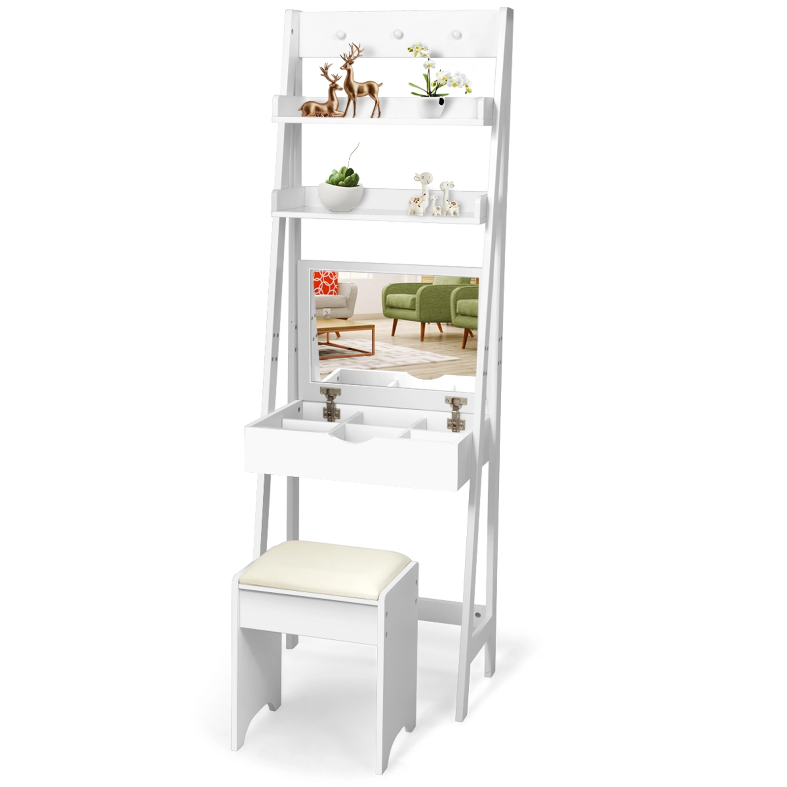 SUGIFT 3-in-1 Modern Shelf Vanity Set with Flip Top Mirror and 6 Makeup Organizers 22-lb Table 180-lb Stool White