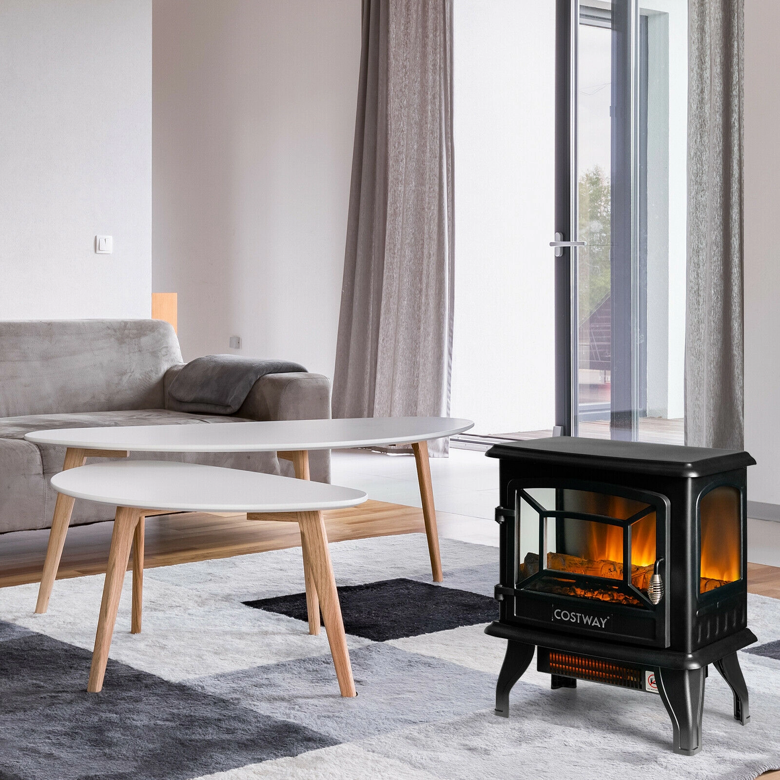 SUGIFT 1400W Freestanding Electric Fireplace Stove, 4777 BTU, 3-Sided View, Openable Door