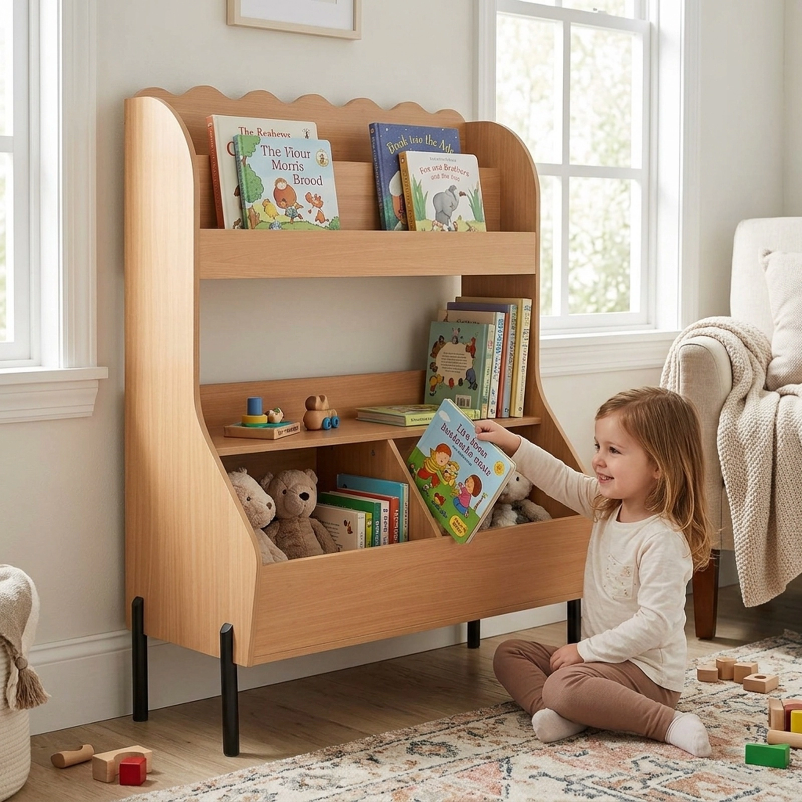 SUGIFT Kids Toy Storage Organizer Wooden Montessori Bookshelf with 2 Storage Bins 11-lb Shelf Capacity Natural/White